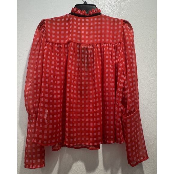 ASOS Check Print Blouse Women’s Size 6 Pink Red Black Trim Sheer - Picture 4 of 8